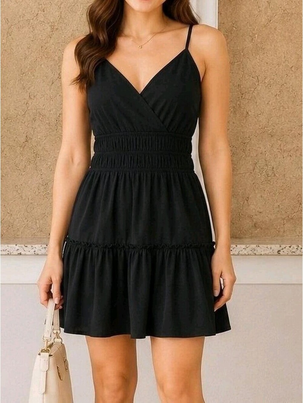 Rails Carmen Mini Dress Medium Black Smocked Tiered V-Neck Cotton Lyocell LBD